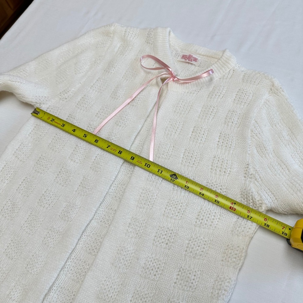 Vintage Women Orlon Acrylic White Knit Cardigan Sweater Medium Pink Bow Coquette - Picture 6 of 8